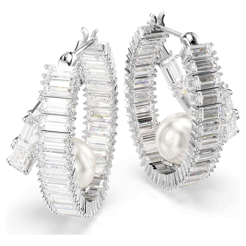 ariana grande x swarovski hoop earrings  crystal pearl  baguette cut  white  rhodium plated