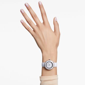 swarovski crystalline lustre watch  swiss made  leather strap  white  stainless steel