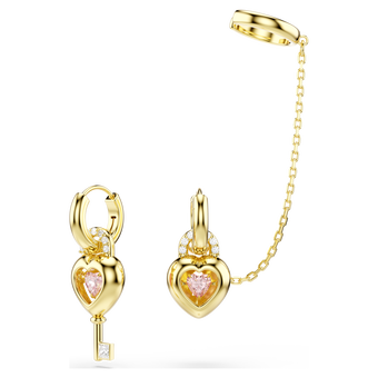 swarovski idyllia drop earrings with ear cuff  mixed cuts  heart with key  pink  gold tone plated