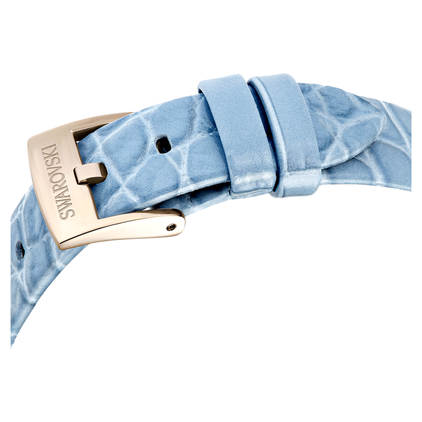 swarovski imber oval watch  swiss made  leather strap  blue  champagne gold tone finish