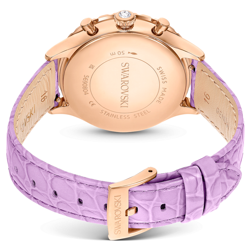 swarovski octea chrono watch  swiss made  leather strap  purple  rose gold tone finish