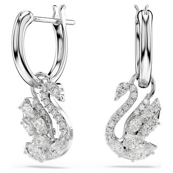 swarovski swan drop earrings  mixed cuts  swan  white  rhodium plated
