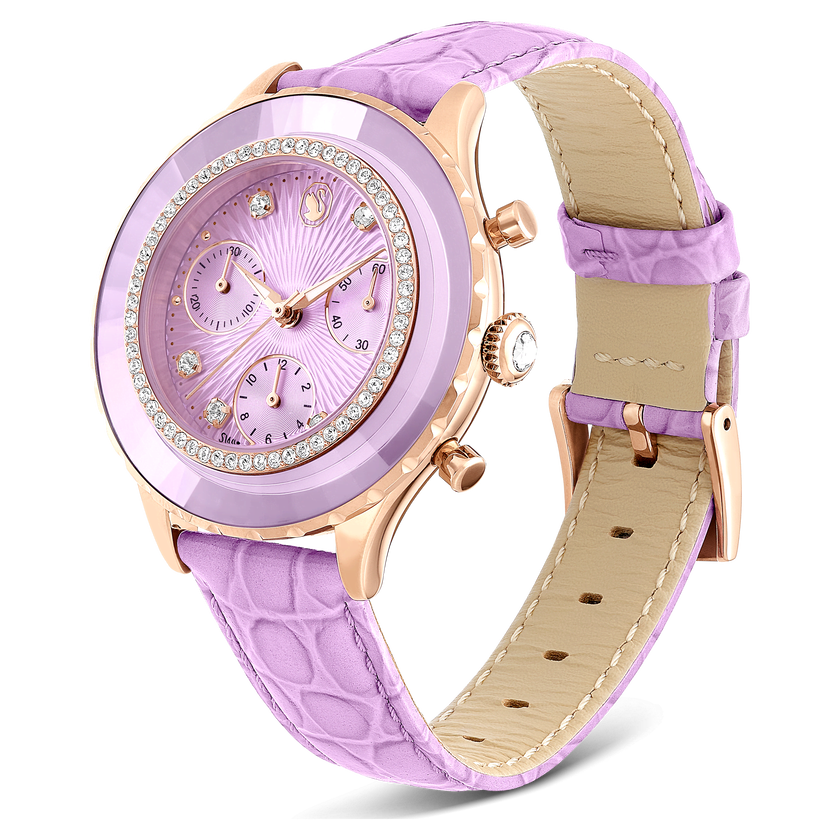 swarovski octea chrono watch  swiss made  leather strap  purple  rose gold tone finish