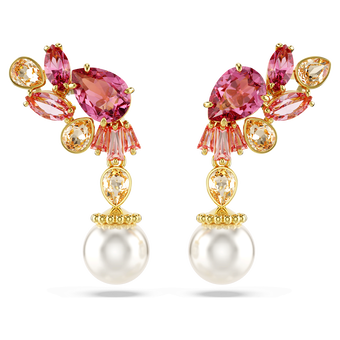 swarovski gema drop earrings  mixed cuts  crystal pearls  flower  pink  gold tone plated