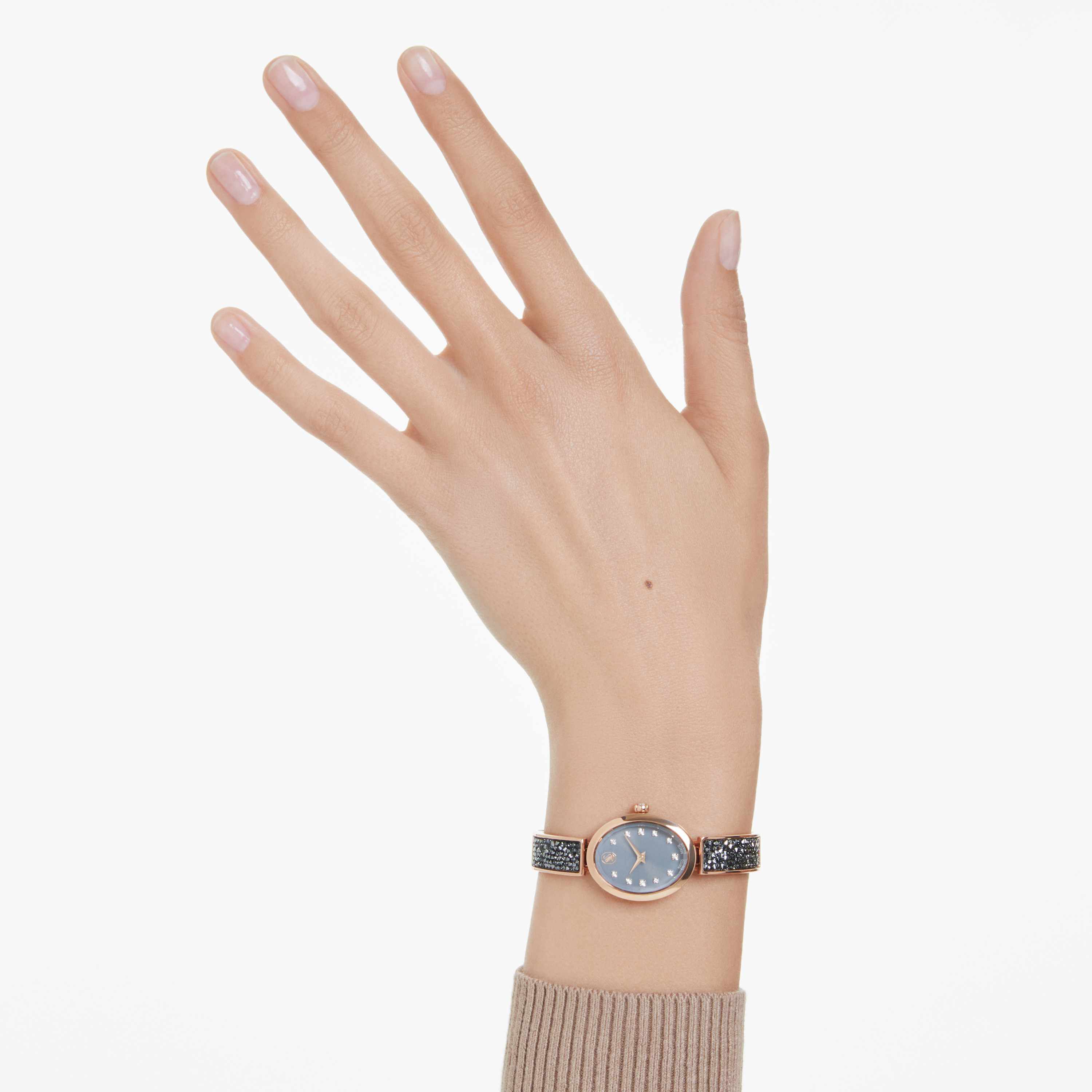 swarovski crystal rock oval watch  swiss made  crystal bracelet  gray  rose gold tone finish