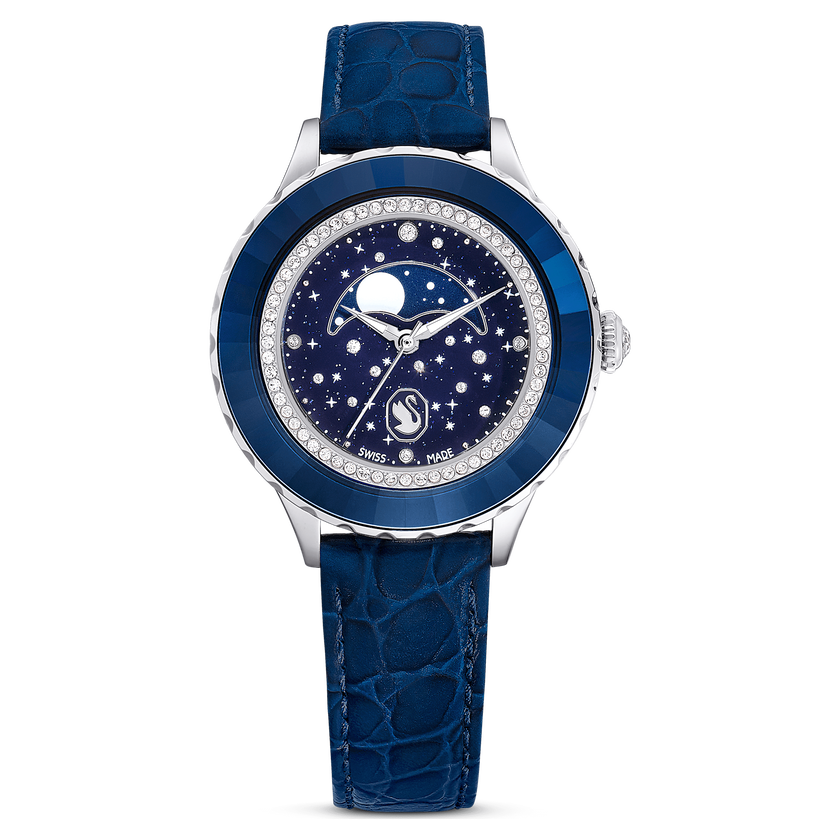 swarovski octea moon watch  swiss made  moon  leather strap  blue  stainless steel