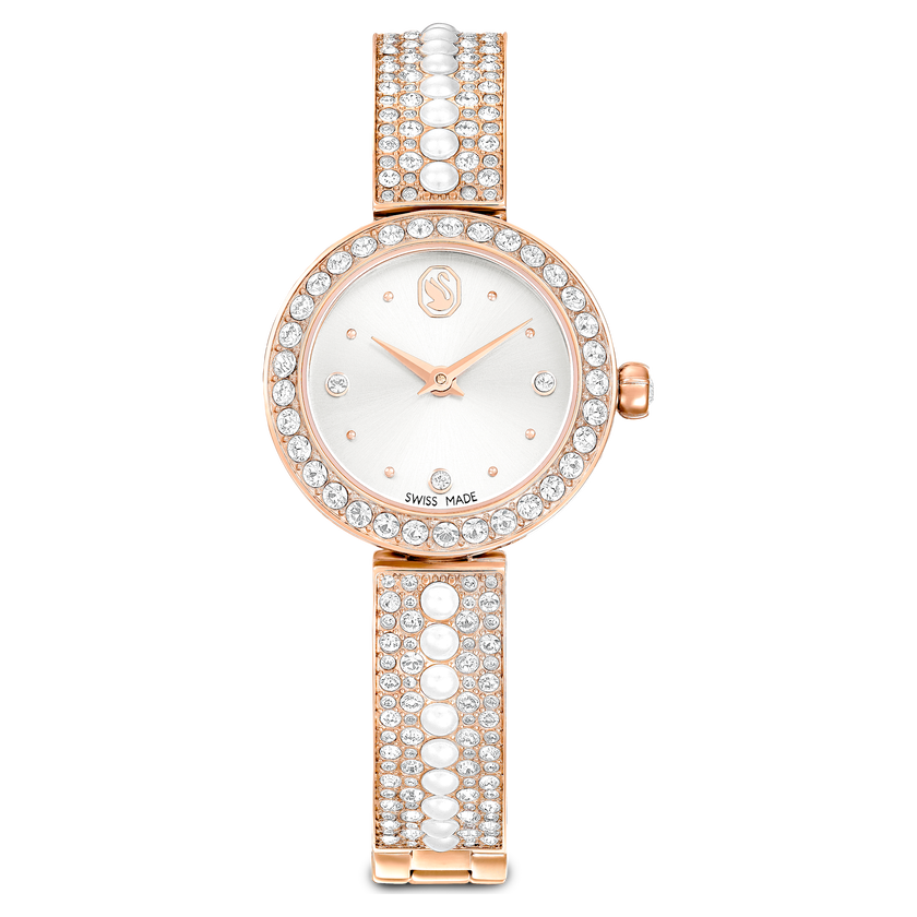 swarovski matrix pearl bangle watch  swiss made  crystal bracelet  white  rose gold tone finish