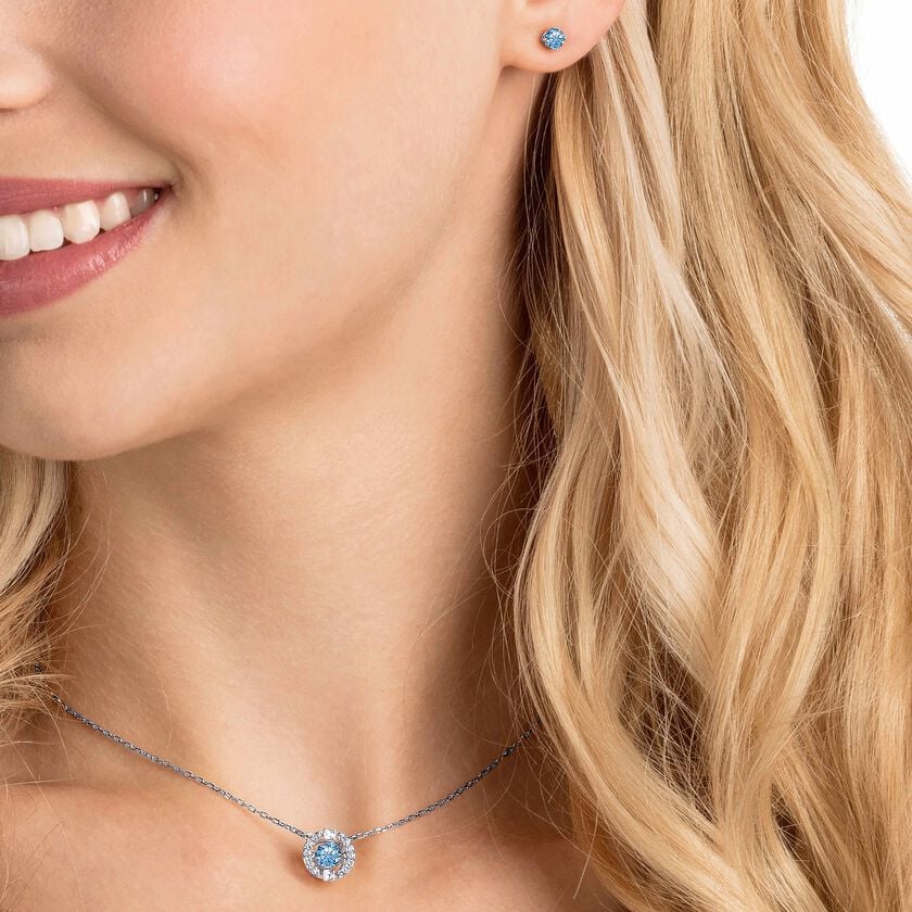 swarovski una set  round cut  blue  rhodium plated