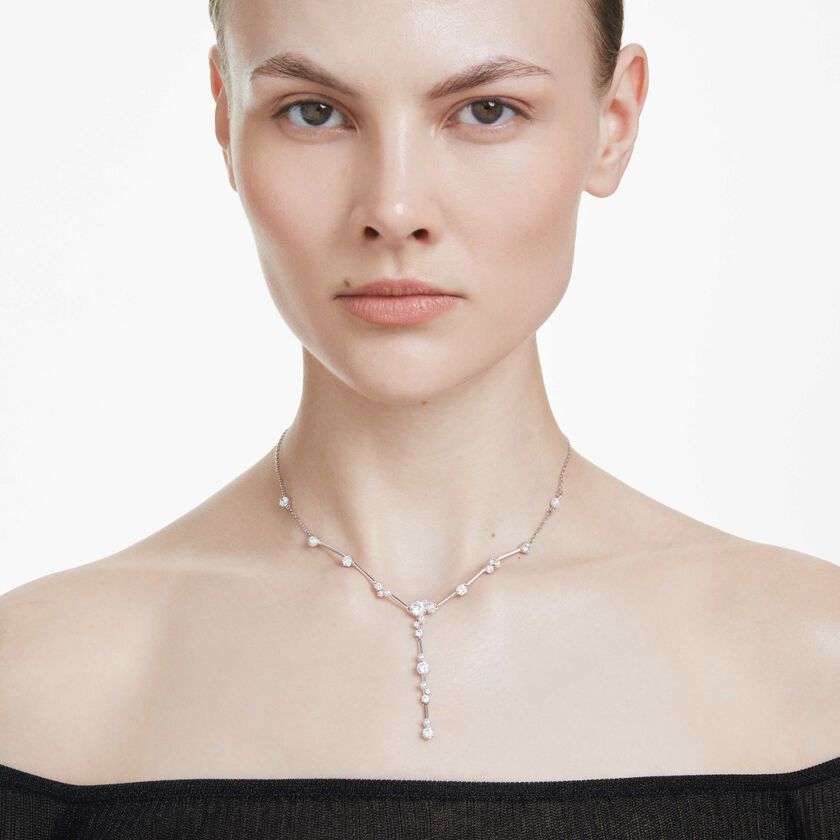 swarovski constella y necklace  crystal pearl  round cuts  white  rhodium plated
