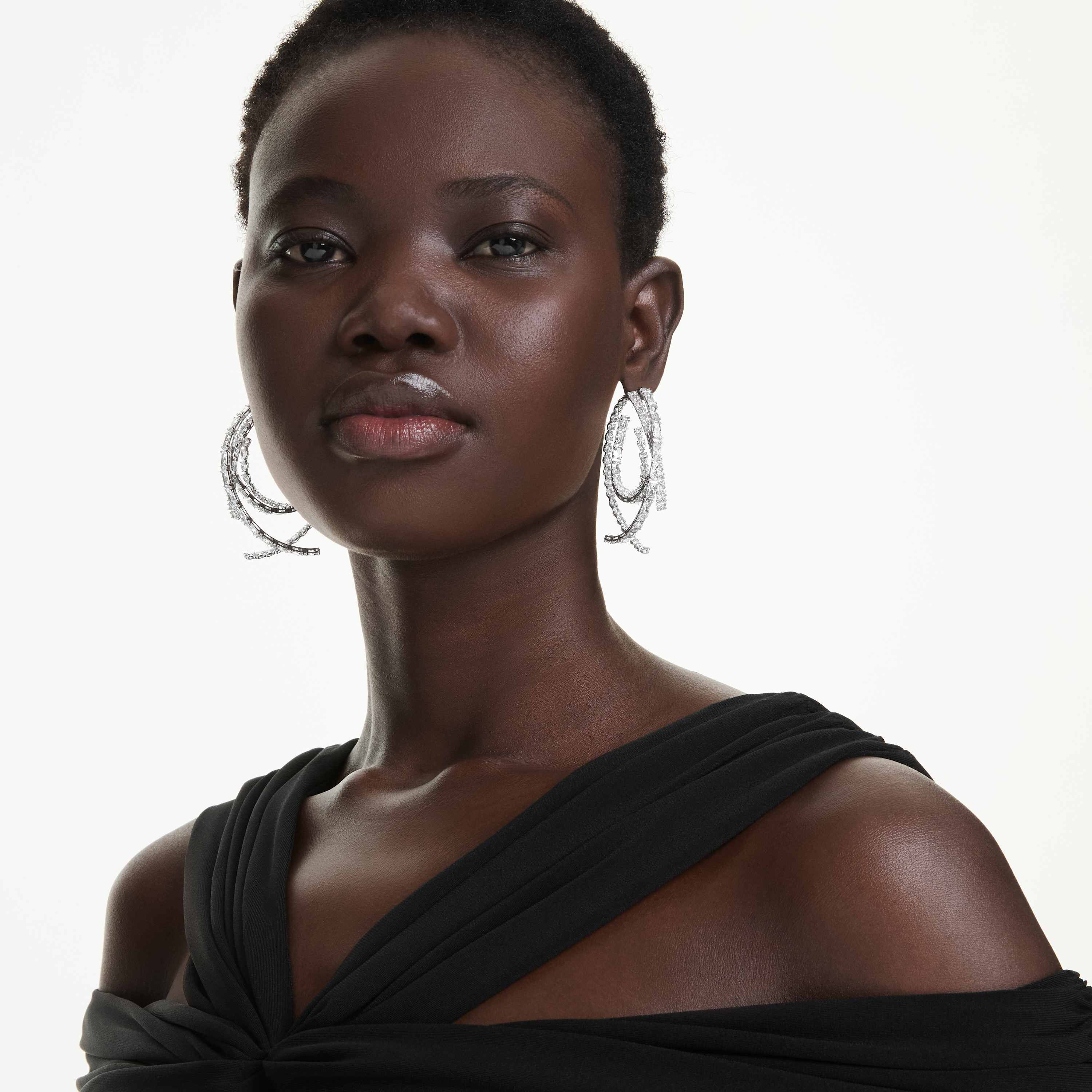 swarovski matrix hoop earrings  mixed cuts  white  rhodium plated