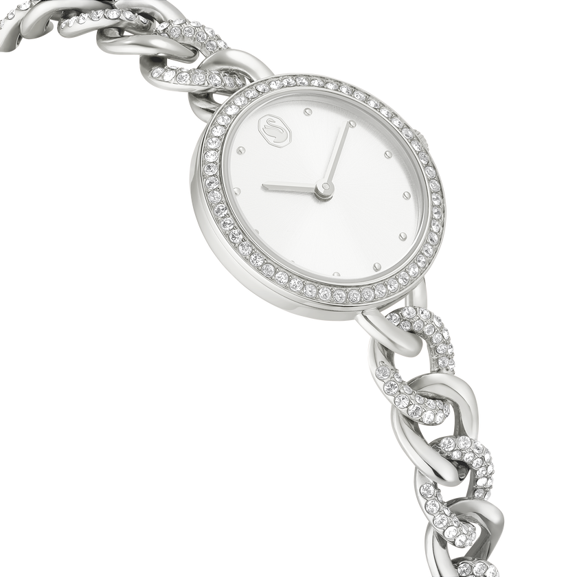 swarovski cocktail round watch  metal bracelet  silver tone  stainless steel