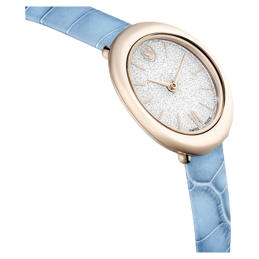 swarovski imber oval watch  swiss made  leather strap  blue  champagne gold tone finish