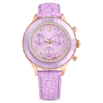 swarovski octea chrono watch swiss made leather strap purple rose gold tone finish