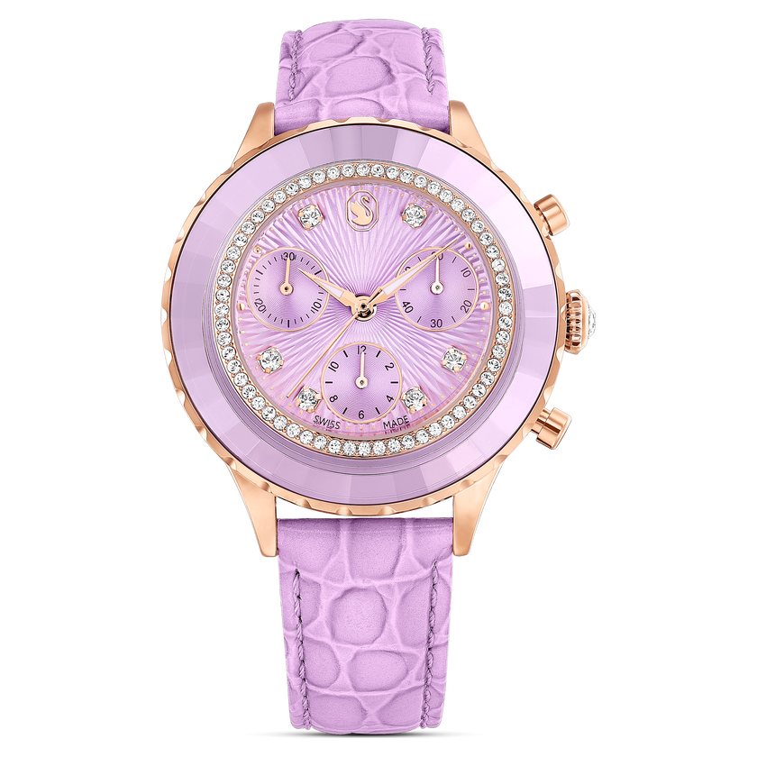 swarovski octea chrono watch  swiss made  leather strap  purple  rose gold tone finish