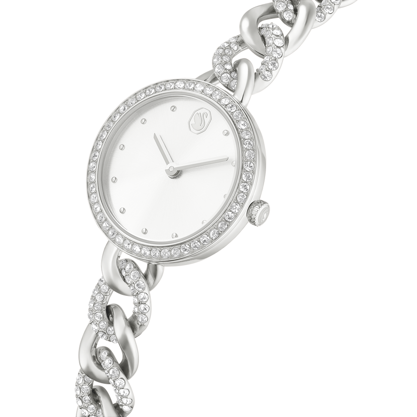 swarovski cocktail round watch  metal bracelet  silver tone  stainless steel