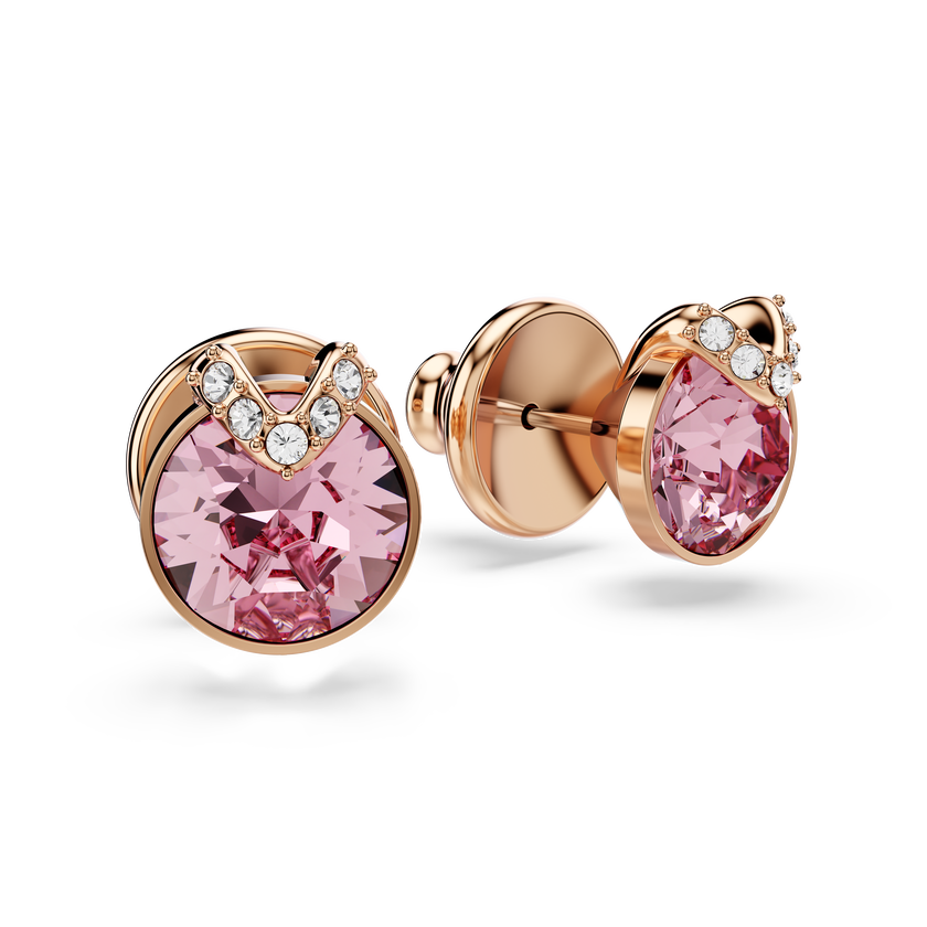 swarovski bella v stud earrings  round cut  pav   pink  18k rose gold finish