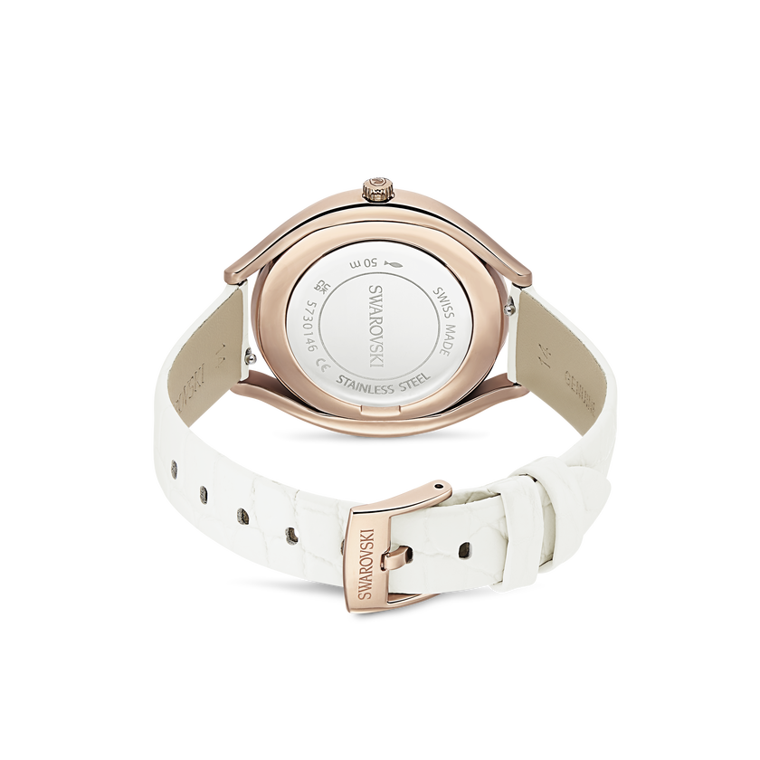 swarovski crystalline aura watch  swiss made  leather strap  white  rose gold tone finish