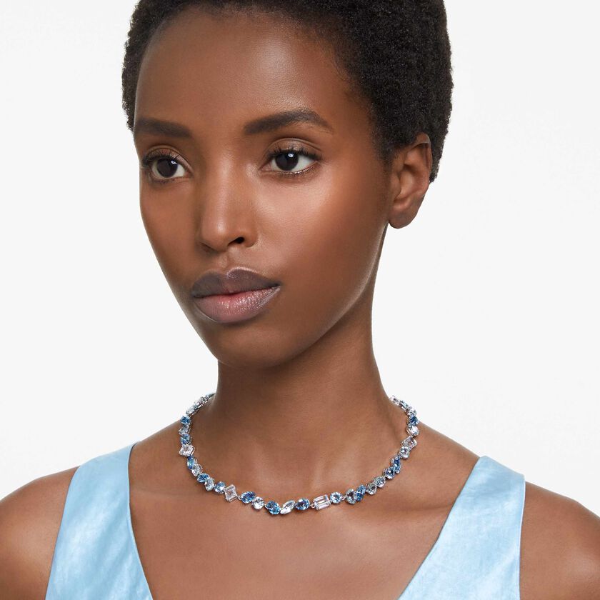 swarovski gema necklace  mixed cuts  blue  rhodium plated