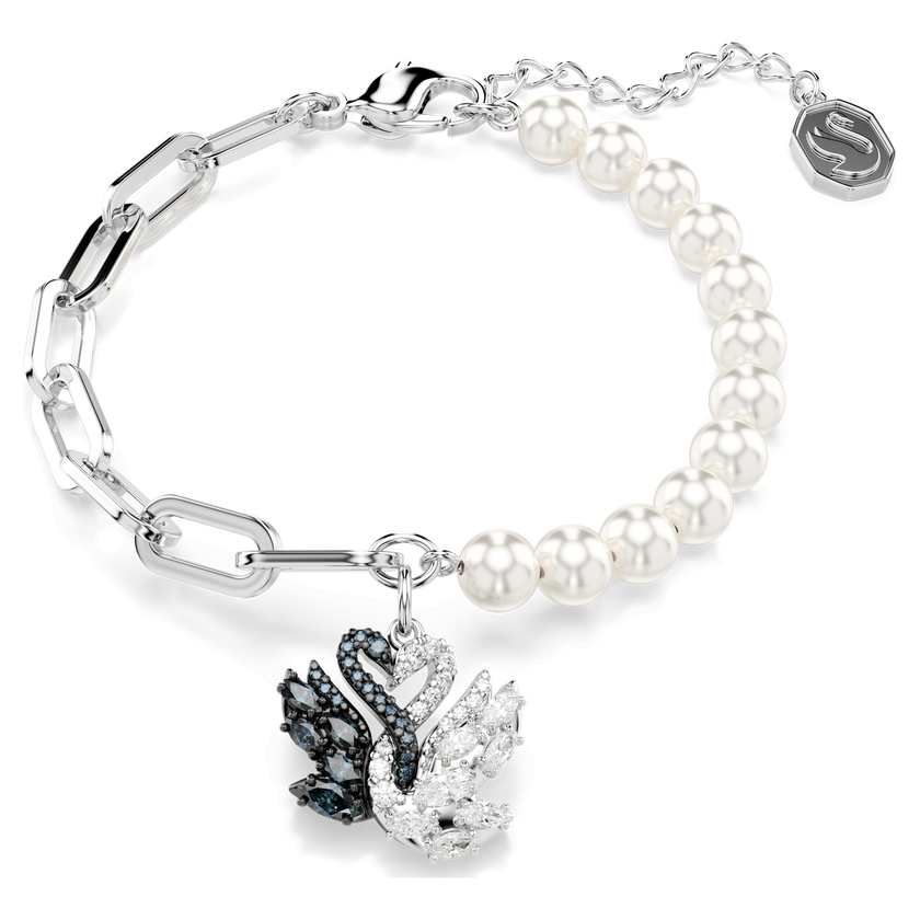 swarovski swan bracelet  crystal pearl  swan  black  rhodium plated