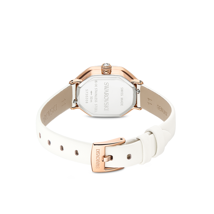swarovski dextera octagon watch  swiss made  leather strap  white  rose gold tone finish