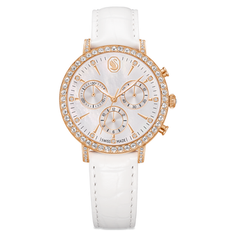 swarovski matrix tennis chrono watch  swiss made  leather strap  white  rose gold tone finish