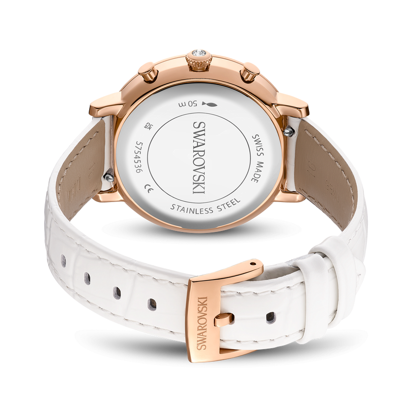swarovski matrix tennis chrono watch  swiss made  leather strap  white  rose gold tone finish