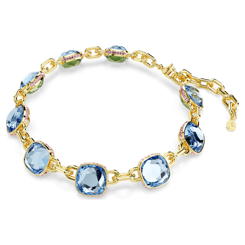 swarovski chroma tennis necklace  cushion cut  blue  gold tone plated