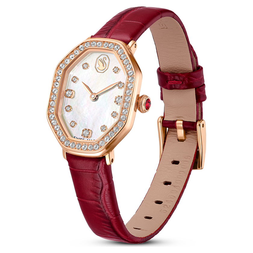 swarovski dextera octagon watch  swiss made  leather strap  red  rose gold tone finish