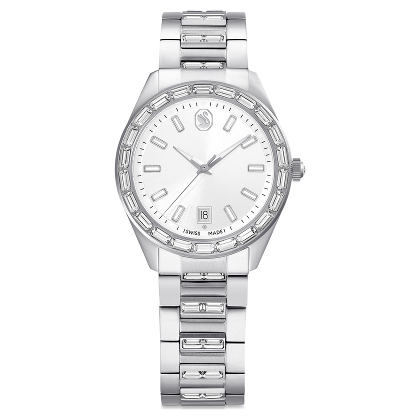 swarovski matrix date watch  swiss made  metal bracelet  silver tone  stainless steel