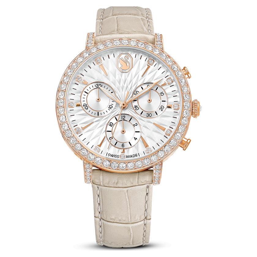 swarovski matrix tennis chrono watch  swiss made  leather strap  beige  rose gold tone finish