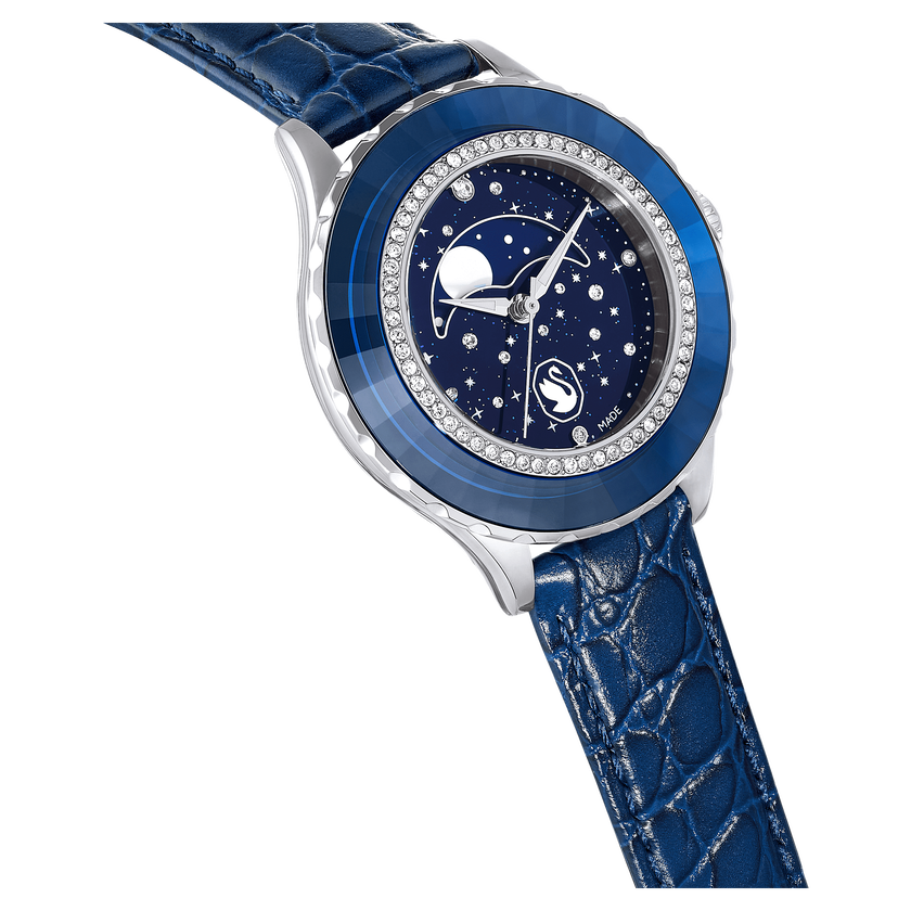 swarovski octea moon watch  swiss made  moon  leather strap  blue  stainless steel