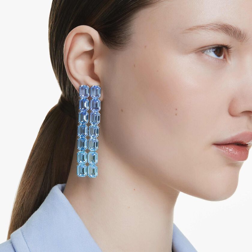 swarovski millenia clip earrings  octagon cut  color gradient  long  blue  rhodium plated