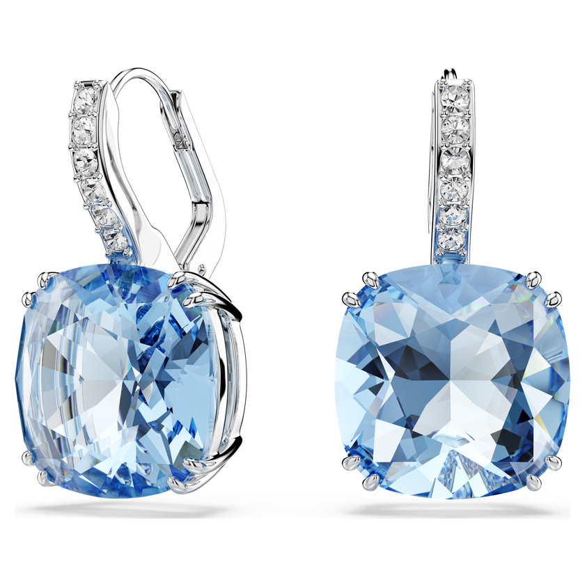 swarovski millenia drop earrings  cushion cut  blue  rhodium plated