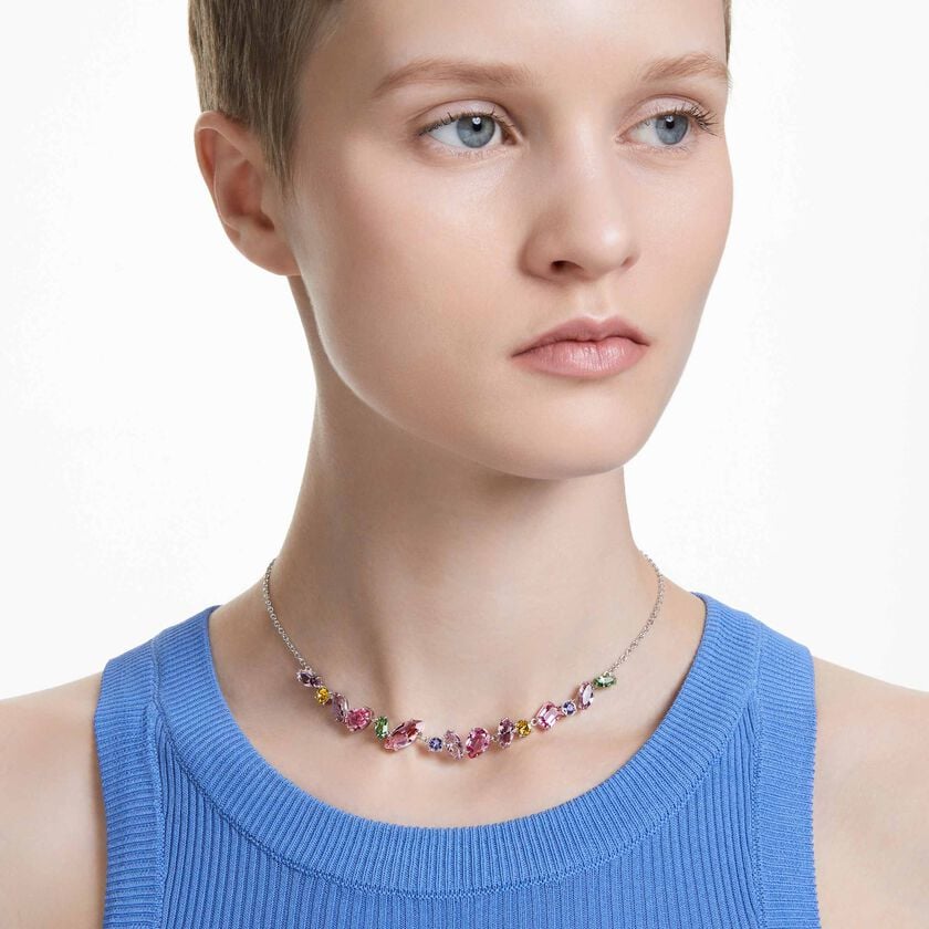 swarovski gema necklace  mixed cuts  multicolored  rhodium plated