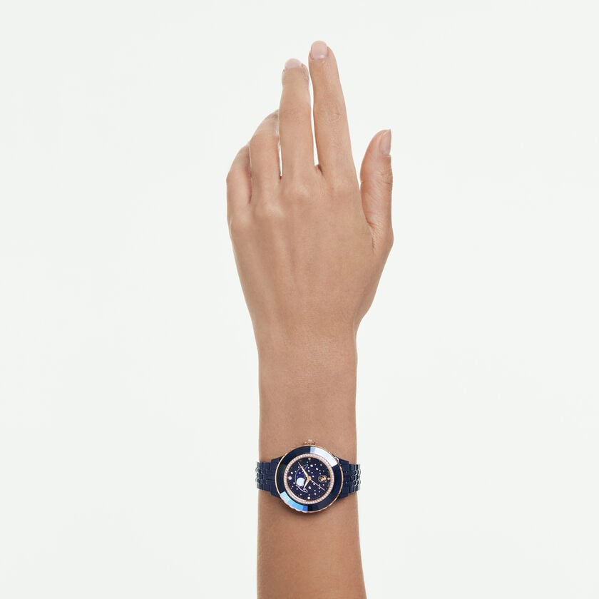 swarovski octea moon watch  swiss made  metal bracelet  blue  blue finish