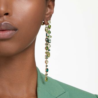 swarovski gema drop earrings  asymmetrical design  mixed cuts  extra long  green  gold tone plated