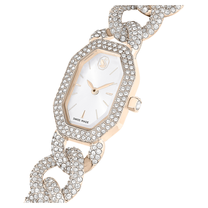 swarovski dextera chain watch  swiss made  crystal bracelet  white  champagne gold tone finish