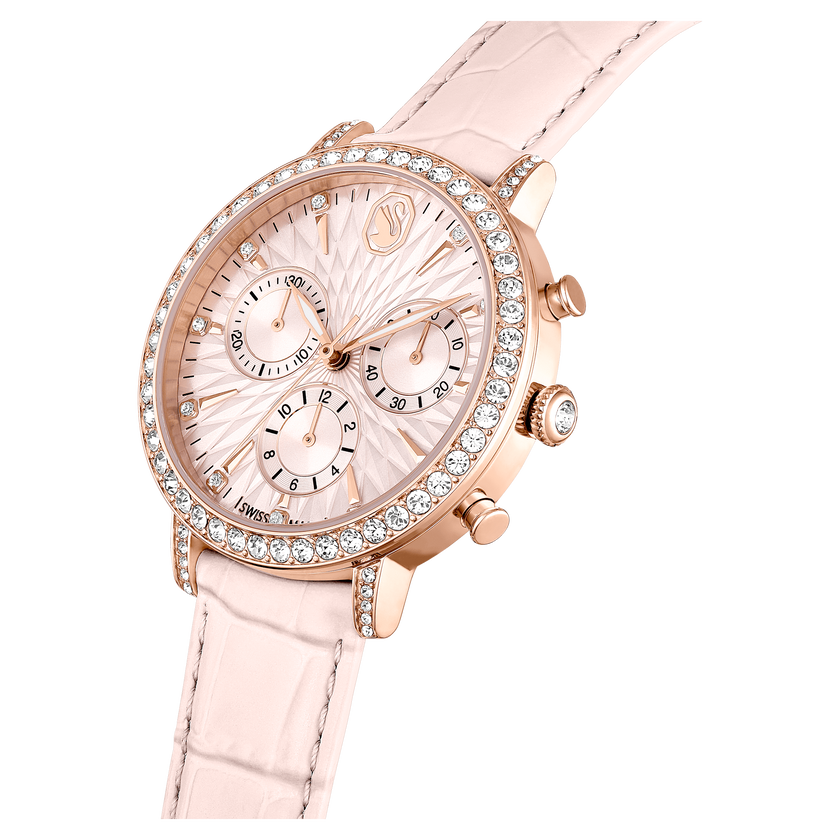 swarovski matrix tennis chrono watch  swiss made  leather strap  pink  rose gold tone finish