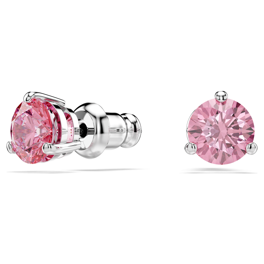 swarovski solitaire stud earrings  round cut  pink  rhodium plated