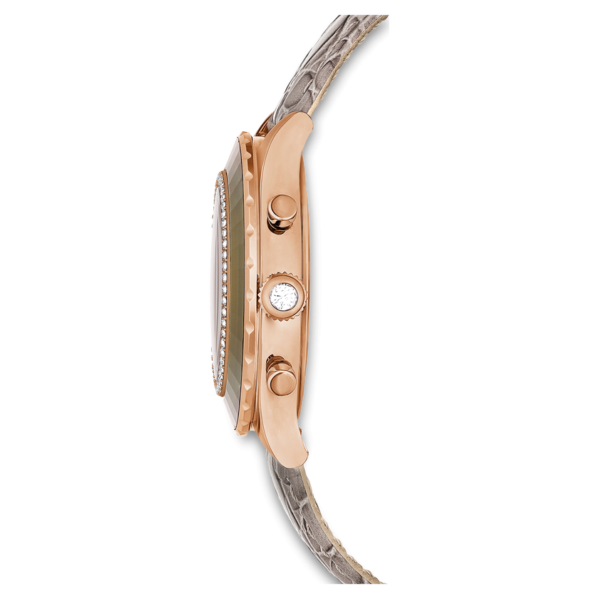swarovski octea chrono watch  swiss made  leather strap  gray  rose gold tone finish