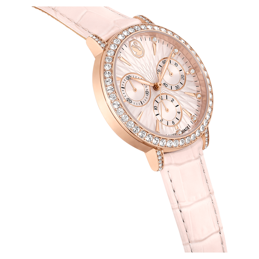 swarovski matrix tennis chrono watch  swiss made  leather strap  pink  rose gold tone finish