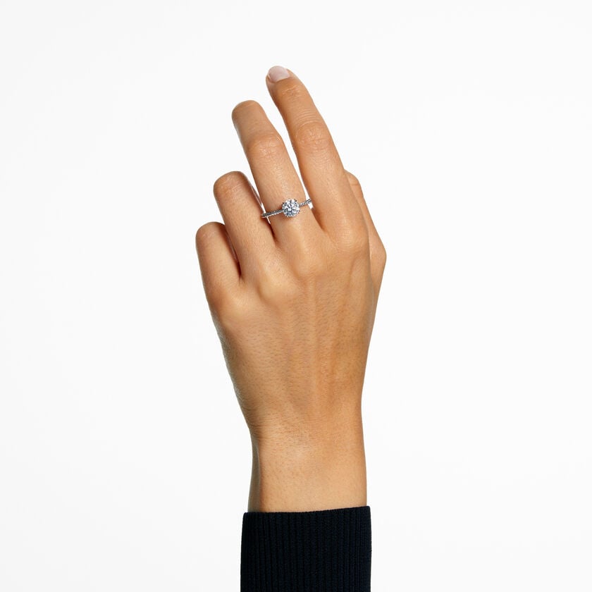 swarovski stilla cocktail ring  round cut  pav   white  silver tone finish