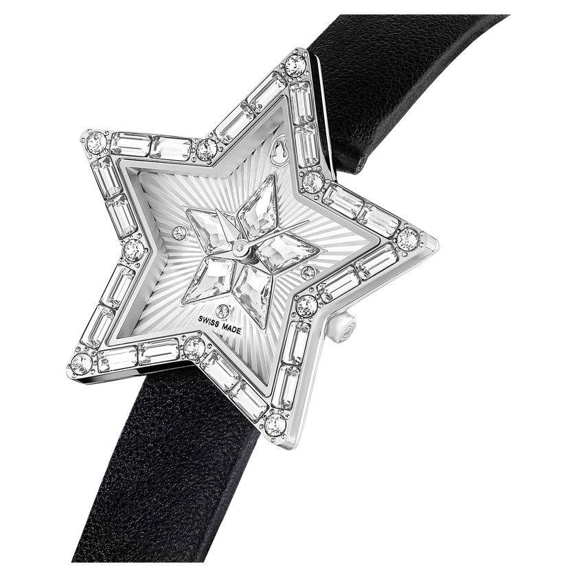 swarovski symbolica star watch  swiss made  star  leather strap  white  stainless steel