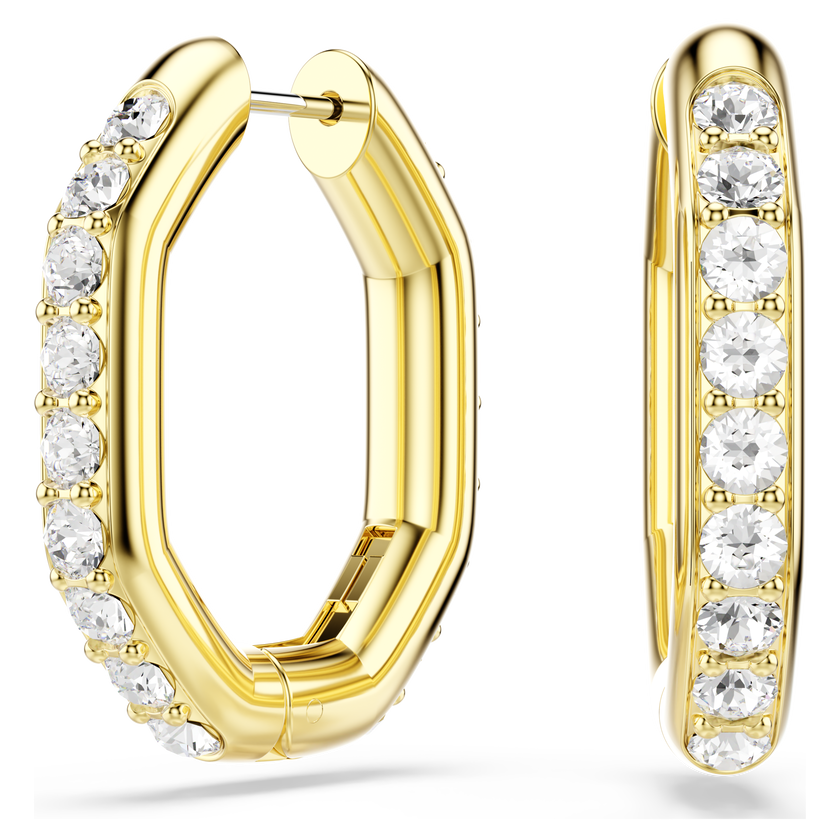 swarovski dextera hoop earrings  octagon shape  round cut  white  gold tone plated
