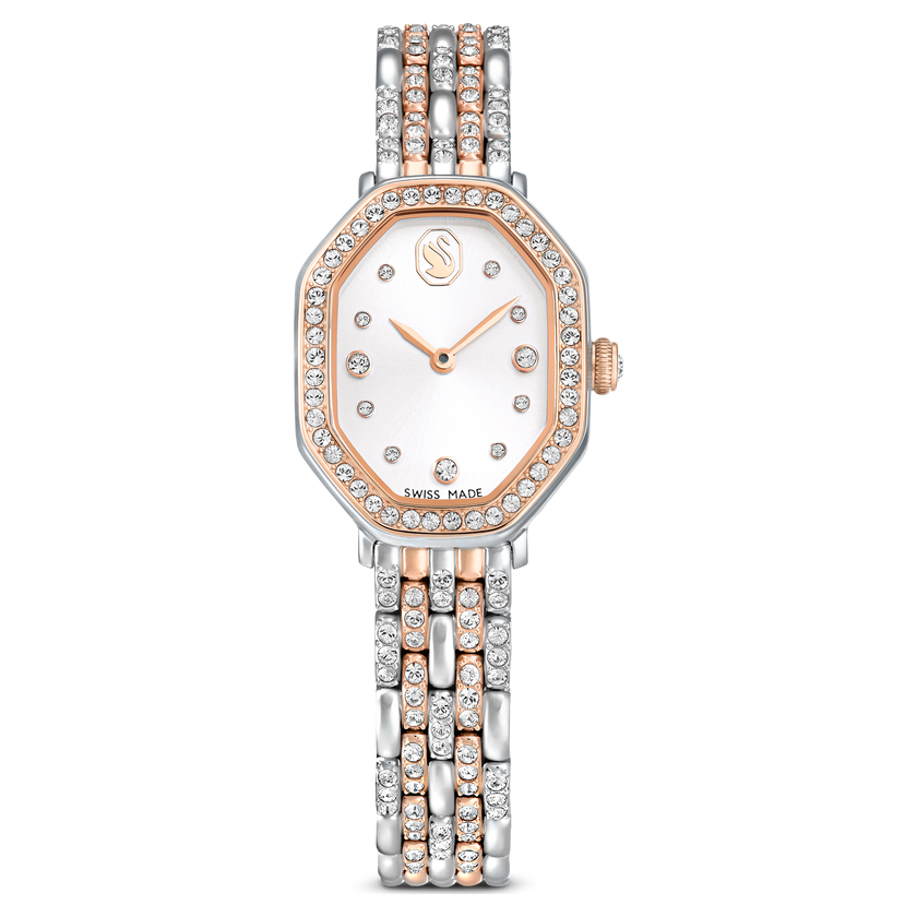 swarovski dextera octagon watch  swiss made  metal bracelet  silver tone  rose gold tone finish