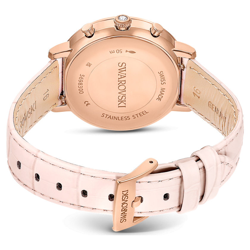 swarovski matrix tennis chrono watch  swiss made  leather strap  pink  rose gold tone finish