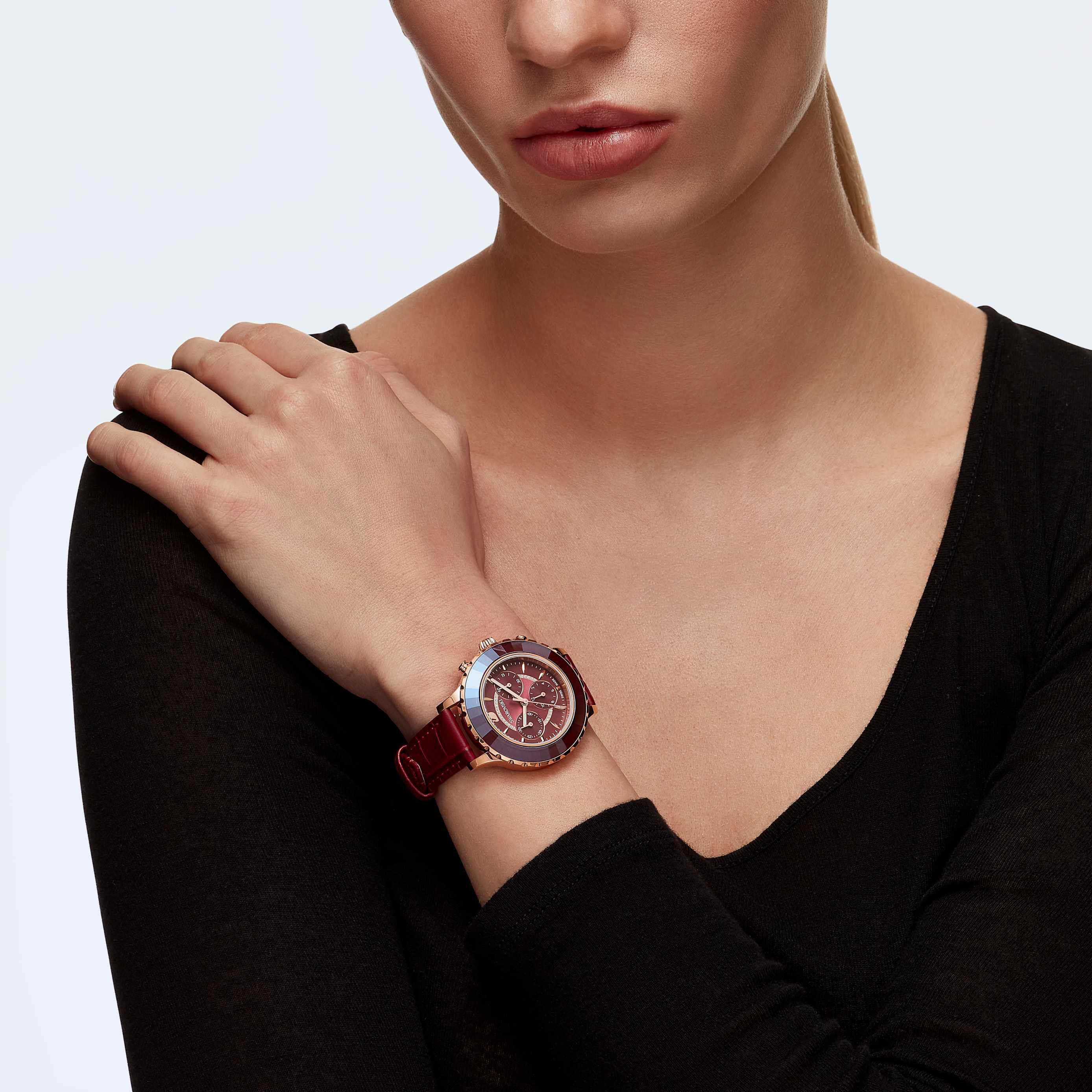 swarovski octea lux chrono watch  leather strap  red  rose gold tone pvd