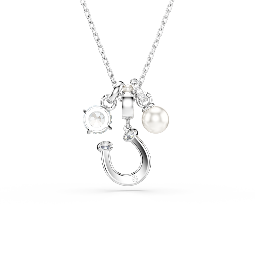 swarovski symbolica pendant  crystal pearl  round cut  pav   horse shoe  white  rhodium plated