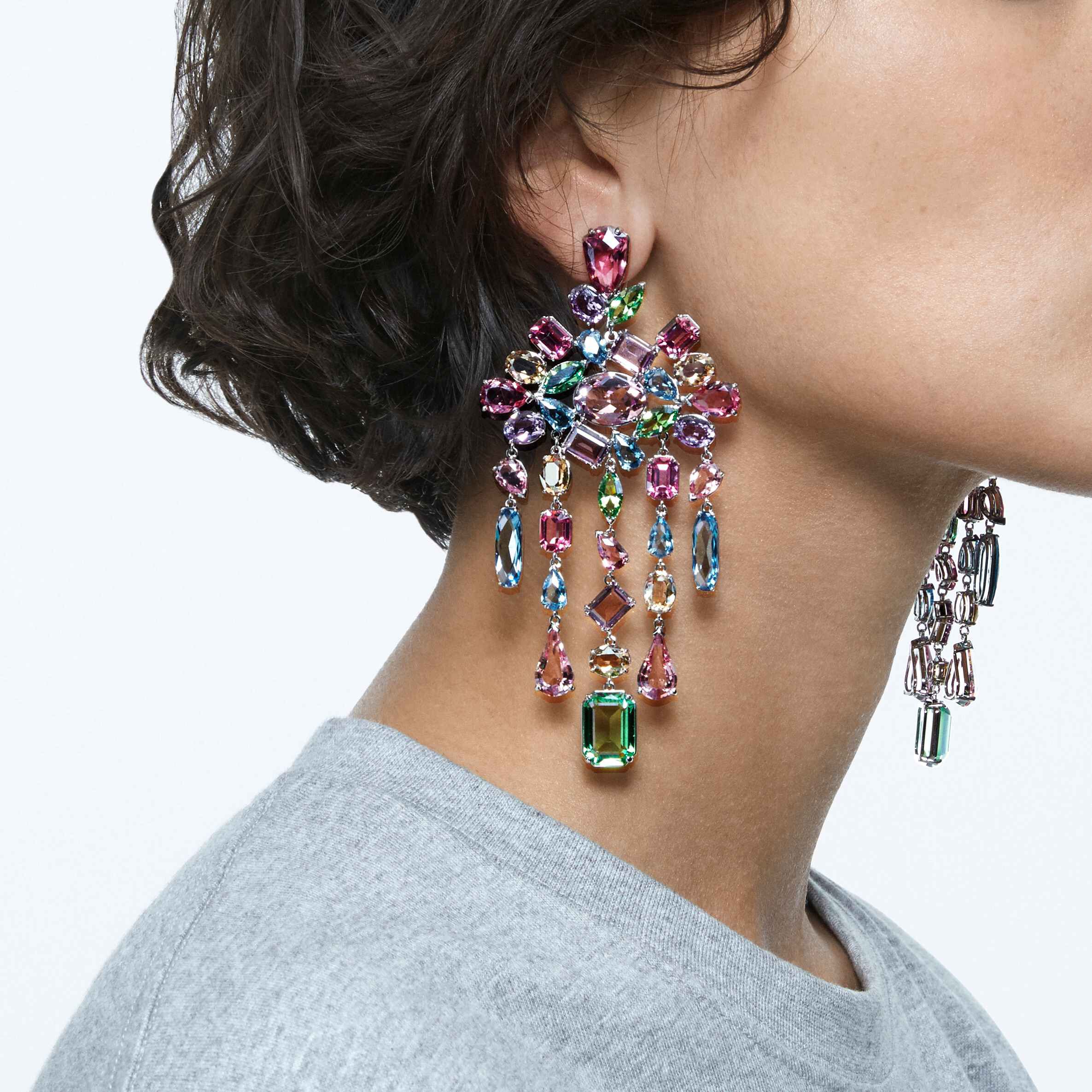 swarovski gema clip earrings  chandelier  multicolored  rhodium plated
