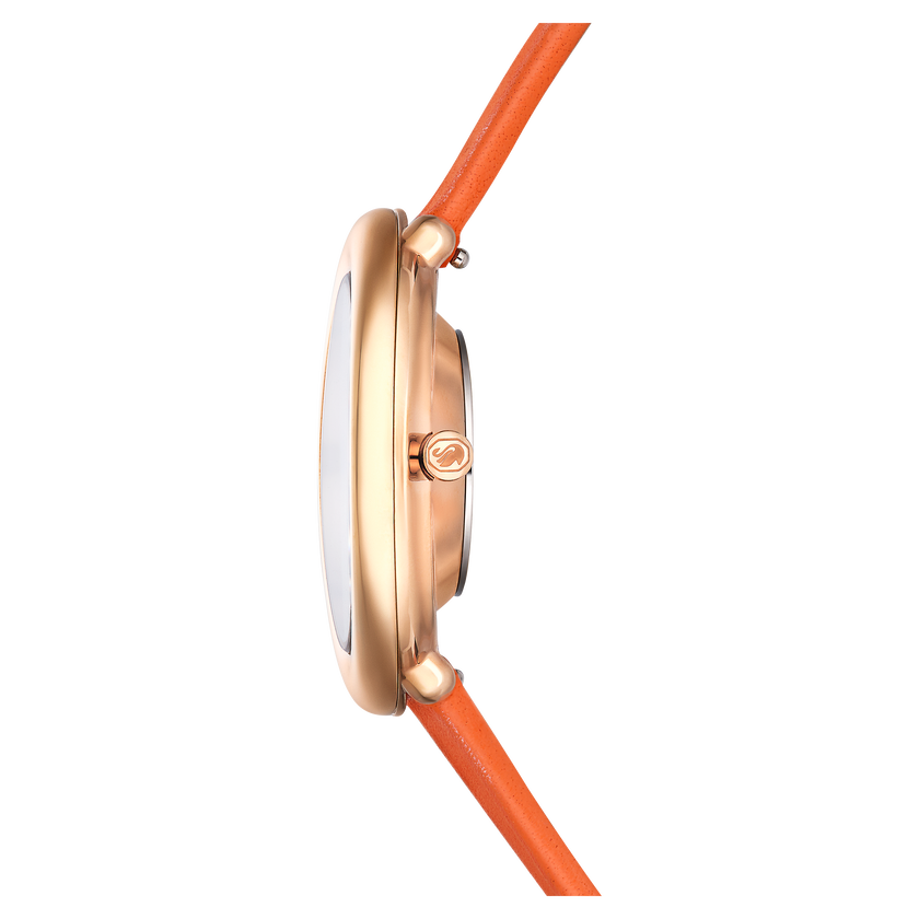 swarovski imber oval watch  swiss made  leather strap  orange  rose gold tone finish